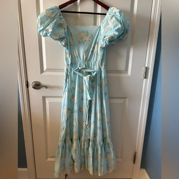 LoveShackFancy Floral Puff Sleeve Cottagecore Midi Dress Blue Romantic Size 6 - Picture 4 of 5